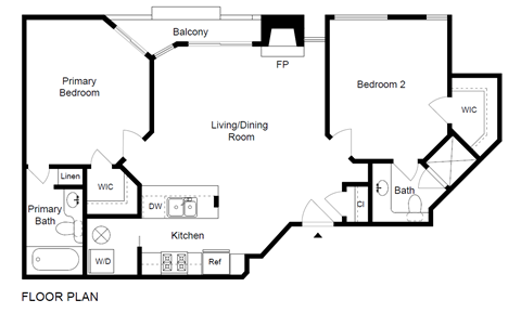 A black and white floor plan of a home with a primary bedroom, living/dining room, kitchen, and two bathrooms.